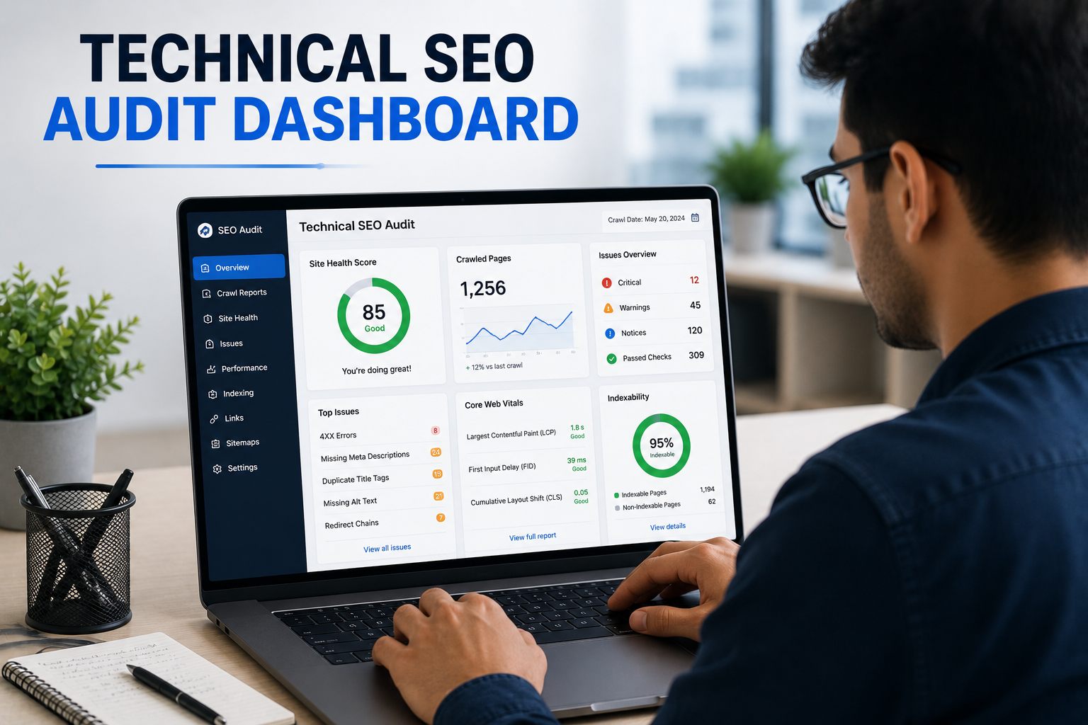 Technical SEO audit dashboard and Core Web Vitals check